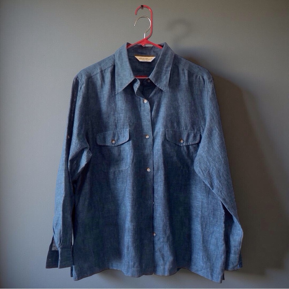 Vintage Eddie Bauer Linen Shirt | XL | 100% Linen blue Old Money Casual - Picture 3 of 11